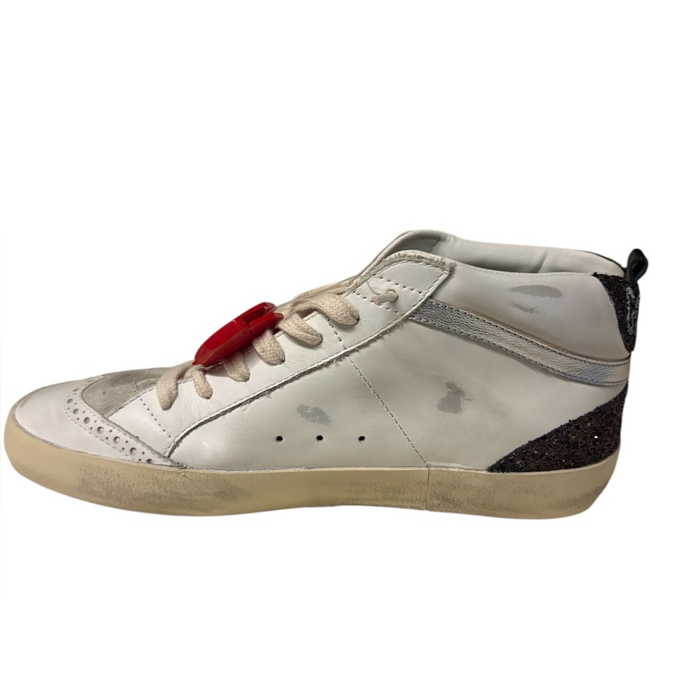 Golden Goose Mid Star White Sneakers with Gold Star and Dark Brown Glitter Heel - Picture 5 of 16